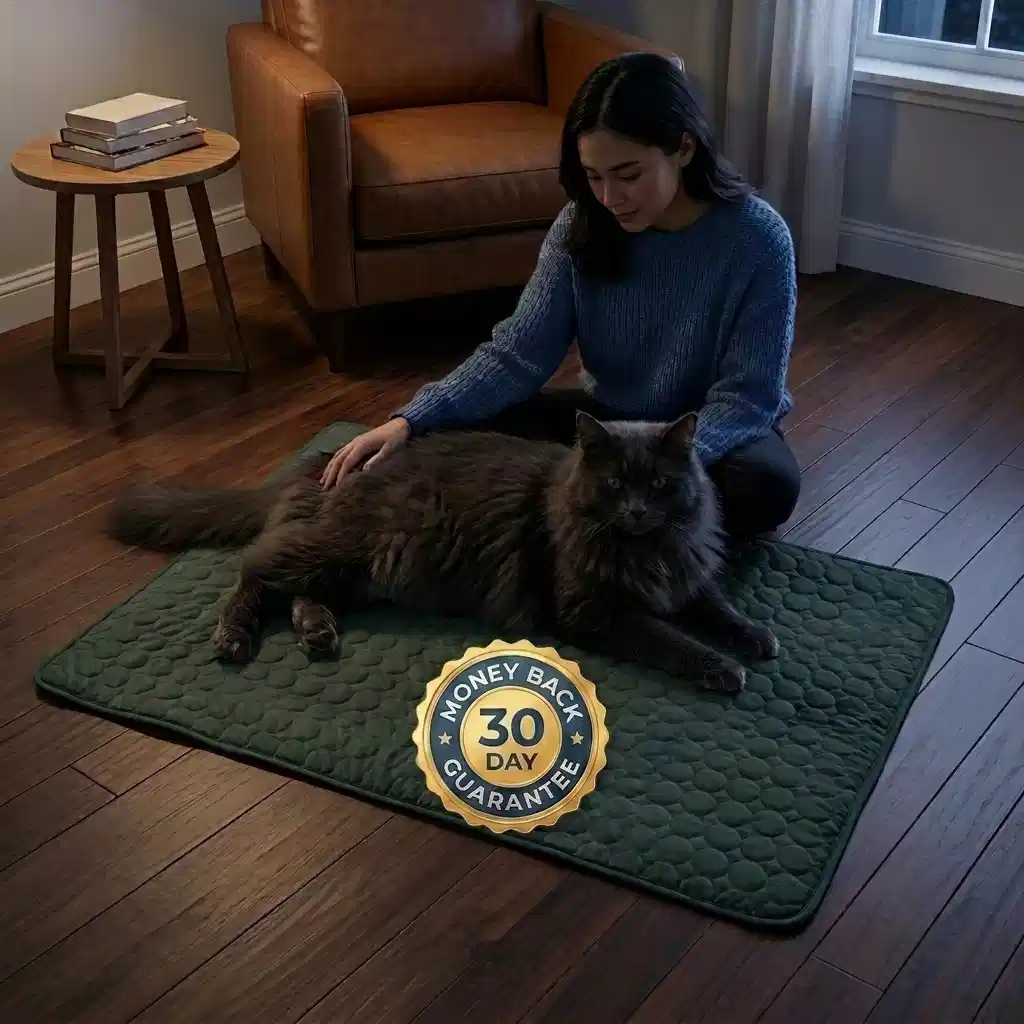 30-day money back guarantee badge with cat on Aerofold mat