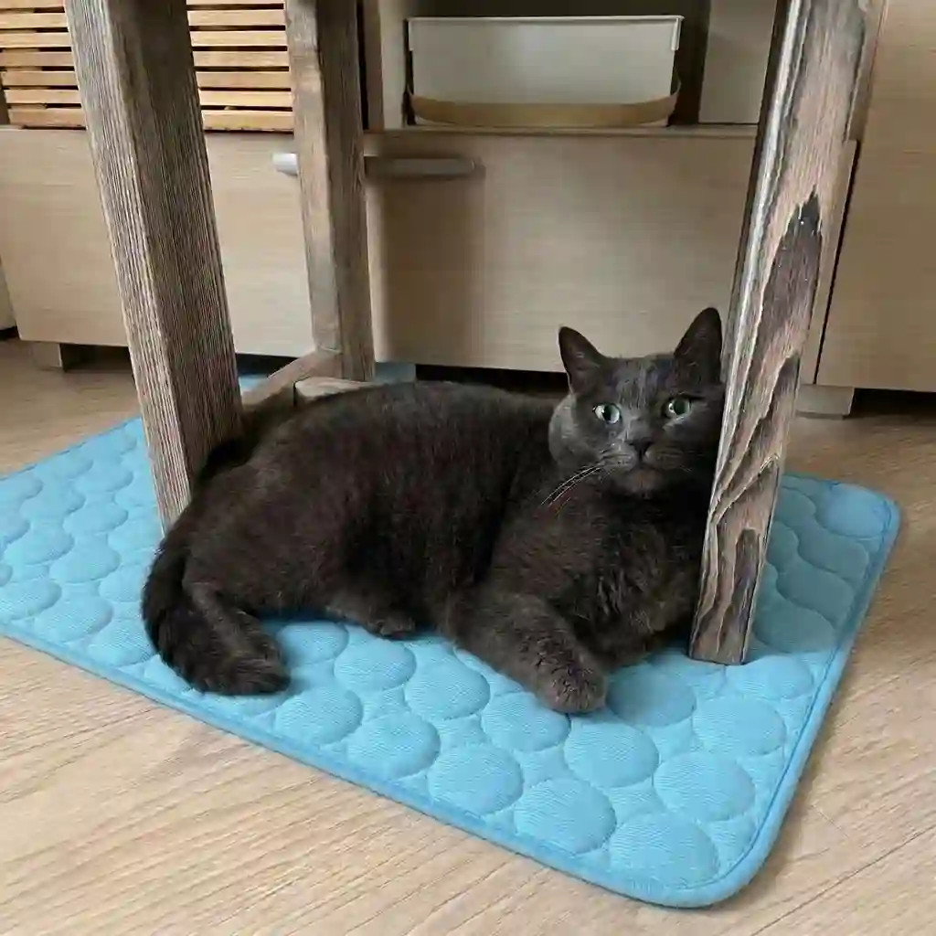 Grey British shorthair cat lounging on a blue Aerofold cooling mat under a table
